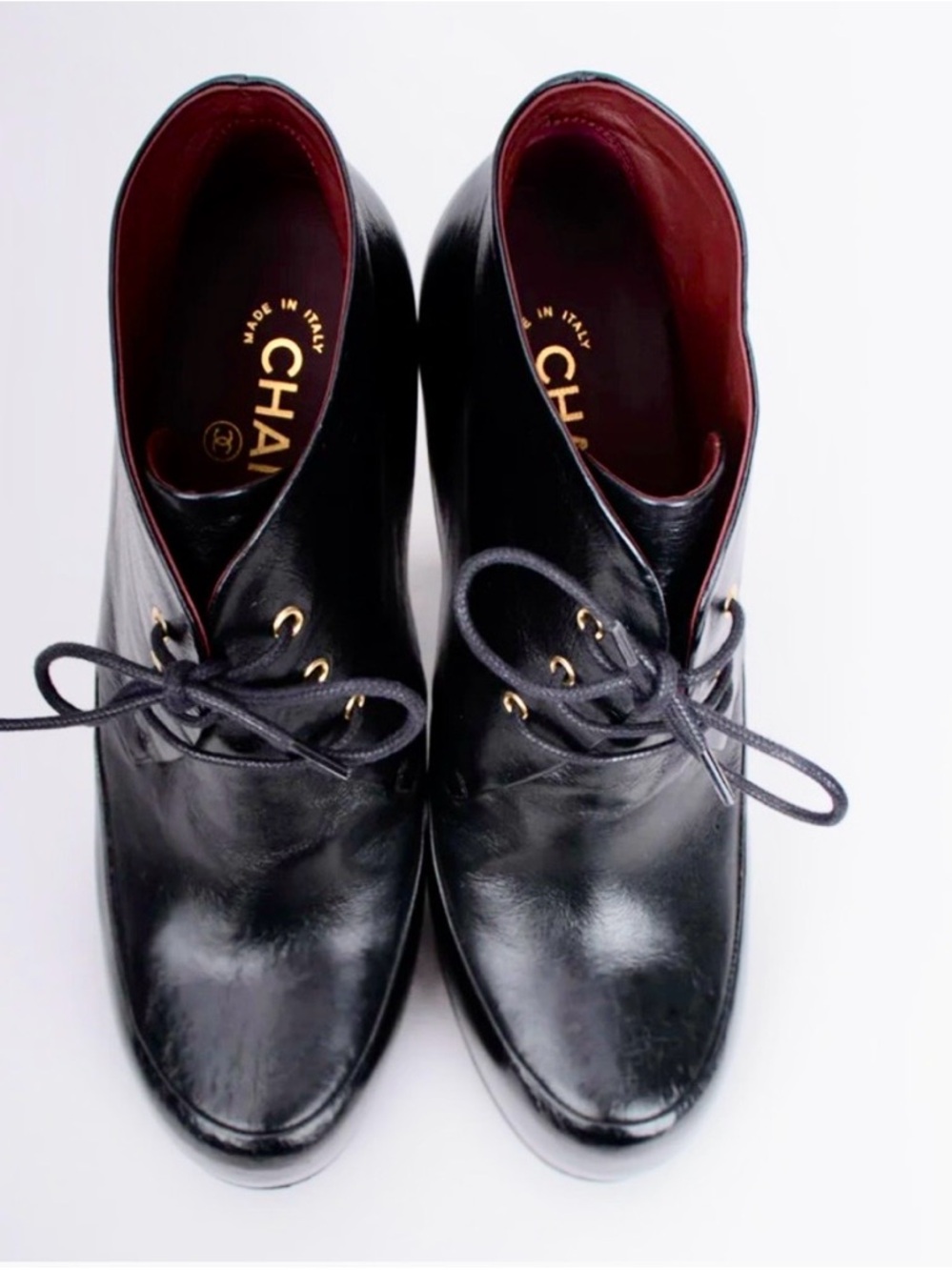 CHANEL Black Leather Logo Heel Lace-Up Platform Ankle Boots - Picture 12 of 15